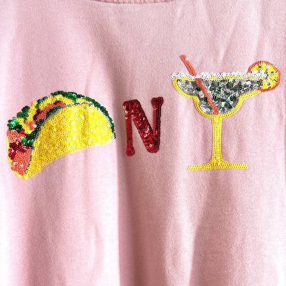 Boutique Fantastic Fawn Tacos & Margaritas Sequin Patch Light Pink Sweatshirt 🌮🍹 - Picture 7 of 14
